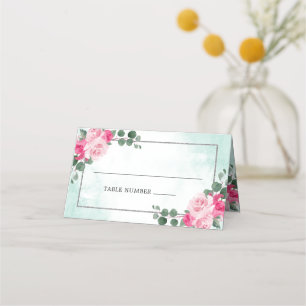 Tarjeta De Asiento Boda floral color de agua verde y plateado rosa