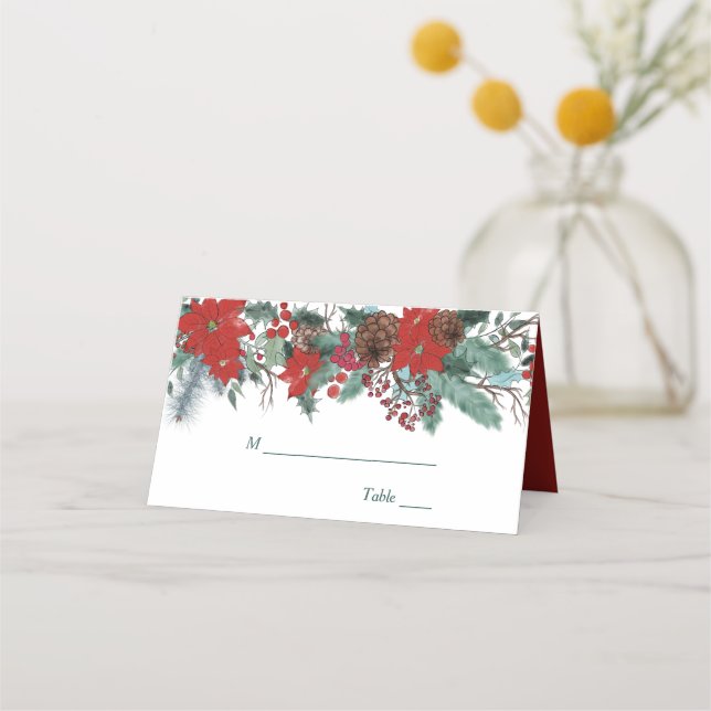 Tarjeta De Asiento Boda floral de borde de Poinsettia roja (Anverso)