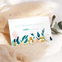 Tarjeta De Asiento Boda floral de color azul y oro Verde azulado Boho