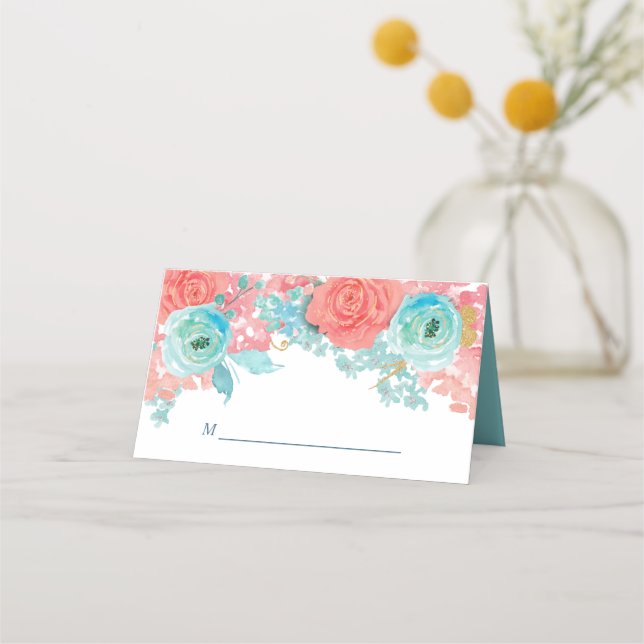 Tarjeta De Asiento Boda floral de coral rosa y Aqua (Anverso)