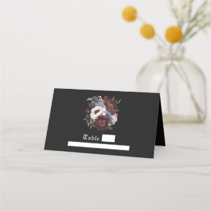 Tarjeta De Asiento Boda floral de cuervo de acuarela gótica