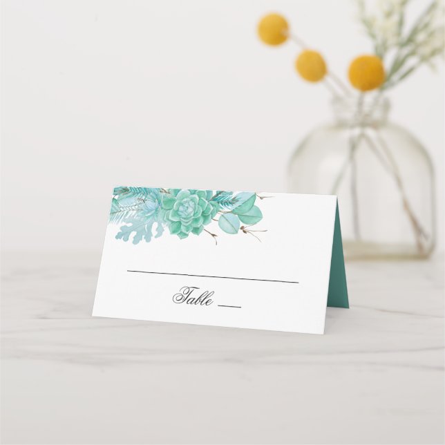Tarjeta De Asiento Boda floral de invierno de menta. Suculentos acuar (Anverso)