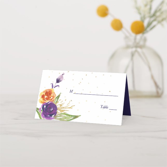 Tarjeta De Asiento Boda floral de mandarina azul (Anverso)