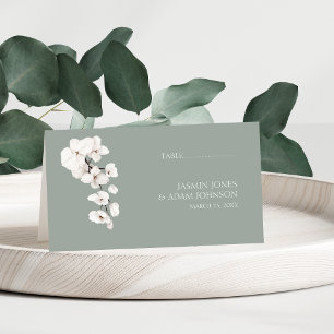 Tarjeta De Asiento Boda floral de orquídea blanca verde salvia modern
