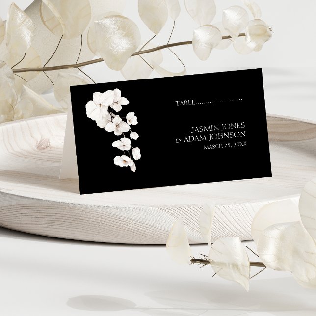 Tarjeta De Asiento Boda floral de orquídeas blancas negras modernas (Modern Black and White Orchids Flowers Wedding Place Cards )