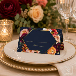 Tarjeta De Asiento Boda floral de rosa naranja burdeos navy oscuro
