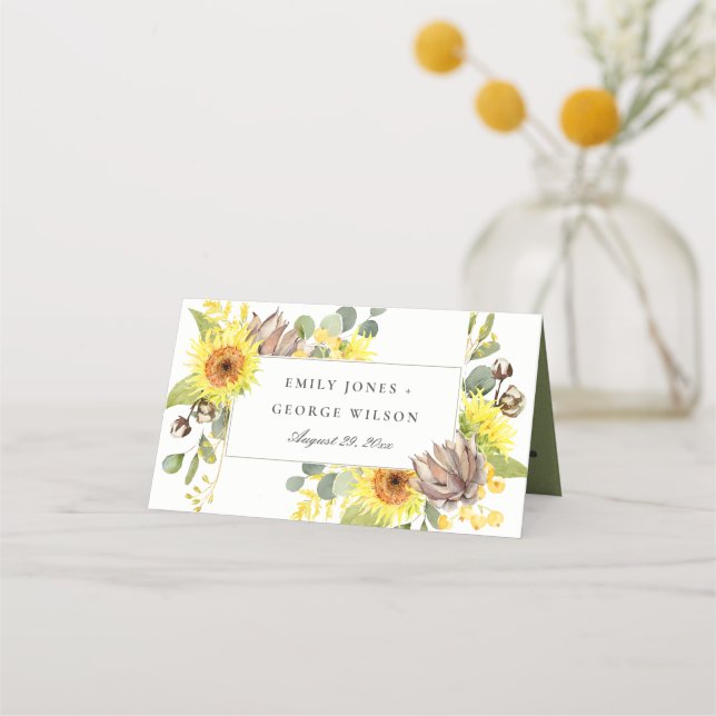 Tarjeta De Asiento Boda FLORAL DEL PINO EUCALÍPTUS RUSTIC SUNFLOWER (Reverso)