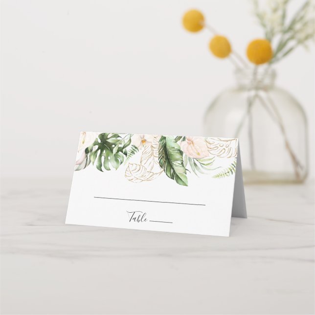 Tarjeta De Asiento Boda floral dorado de follaje tropical (Anverso)