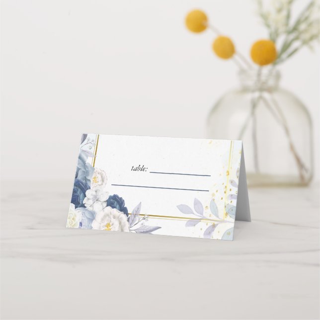 Tarjeta De Asiento Boda floral Dusty Blue Gold (Anverso)