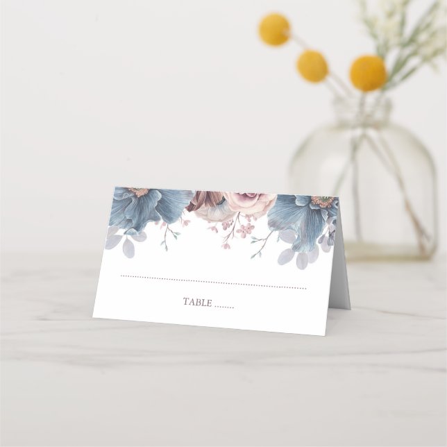 Tarjeta De Asiento Boda Floral Dusty Blue y Mauve (Anverso)