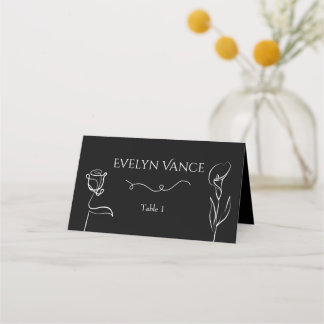 Tarjeta De Asiento Boda floral elegante con mano alzada negra y tempe
