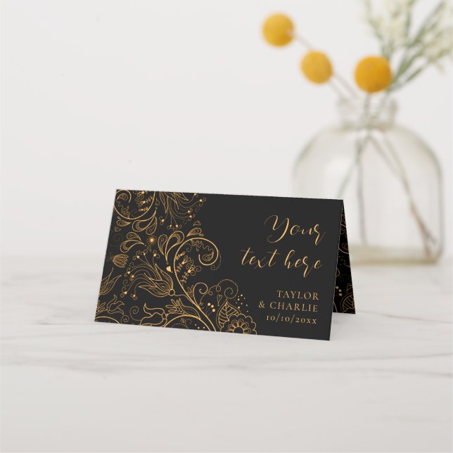 Tarjeta De Asiento Boda floral elegante dorado y negro (Anverso)
