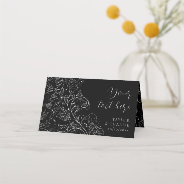 Tarjeta De Asiento Boda floral elegante plateado y negro (Anverso)
