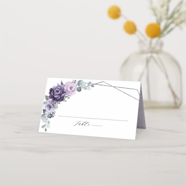 Tarjeta De Asiento Boda floral geométrica de ciruela púrpura y plata (Anverso)