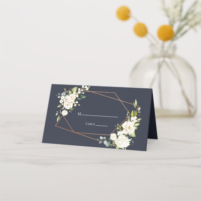 Tarjeta De Asiento Boda Floral Geométrica de Cobre Azul y Blanco (Anverso)