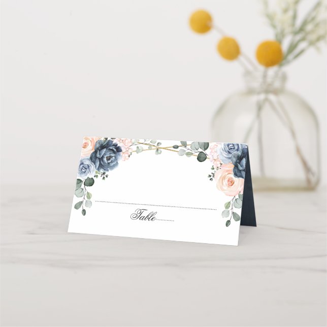 Tarjeta De Asiento Boda Floral Geométrica Rubor Dusty Blue Peach Pl (Anverso)