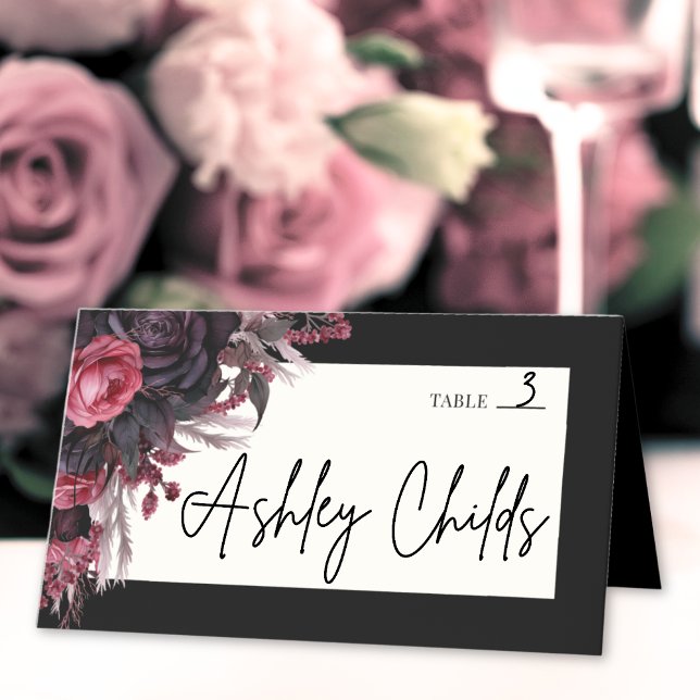 Tarjeta De Asiento Boda floral gótico negro rojo (Black Red Gothic Floral Wedding Place Card )