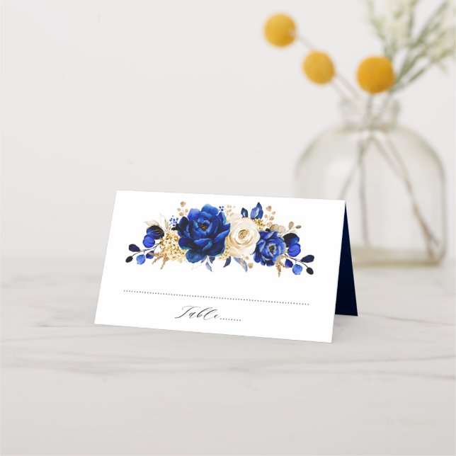 Tarjeta De Asiento Boda floral metálico Royal Blue Yellow Gold (Anverso)