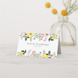 Tarjeta De Asiento Boda floral moderna de primavera en amarillo, azul
