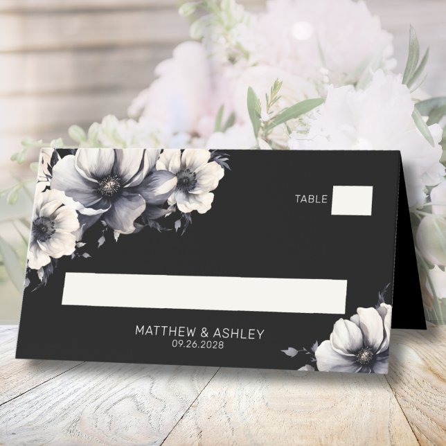 Tarjeta De Asiento Boda floral moderno elegante y negro (Elegant Black Floral Wedding Place Card)