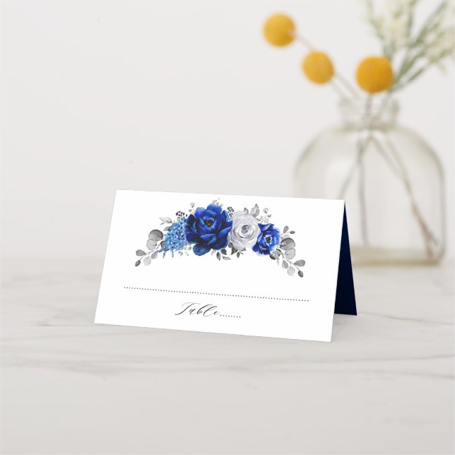 Tarjeta De Asiento Boda floral plateado metálico azul real (Anverso)