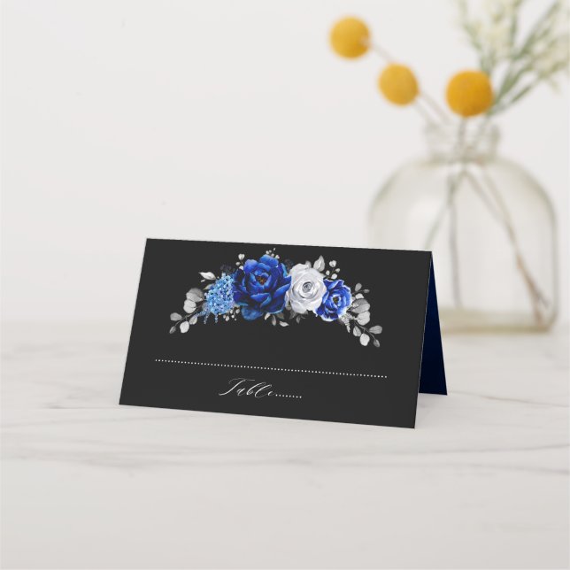 Tarjeta De Asiento Boda floral plateado metálico azul real Pl (Anverso)