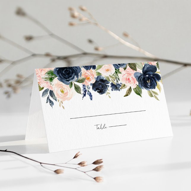 Tarjeta De Asiento Boda floral rosa azul de la armada caprichosa y Ru (Whimsical Navy Blue & Blush Pink Floral Wedding Place Card)