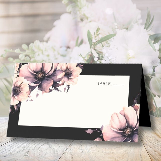 Tarjeta De Asiento Boda floral rosa negro (Black Pink Floral Wedding Place Card)