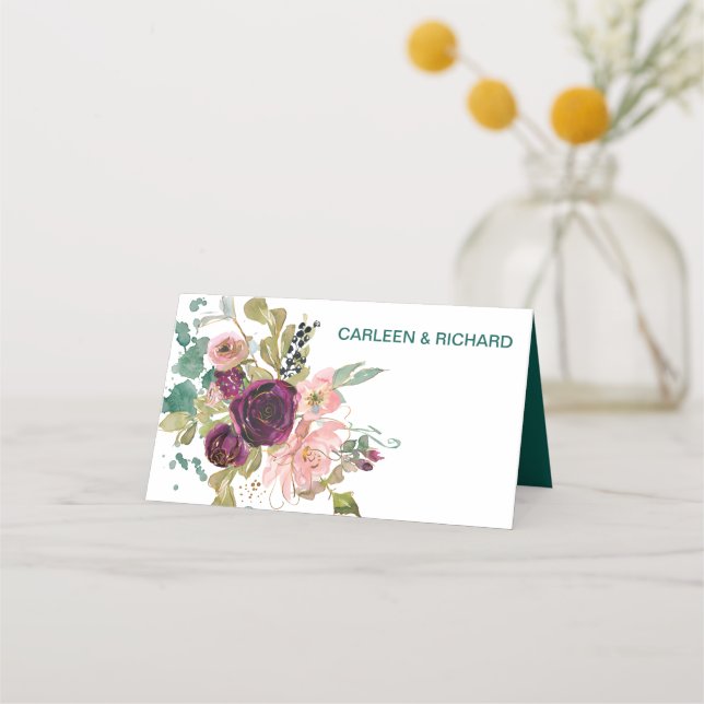 Tarjeta De Asiento Boda floral rosa Verde azulada de Borgoña (Reverso)
