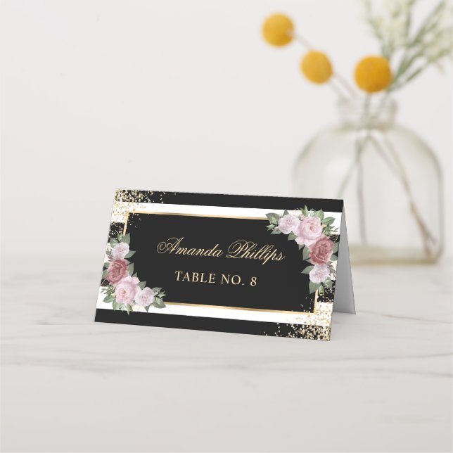 Tarjeta De Asiento Boda floral Rubor Black White Gold (Anverso)