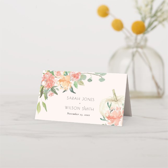Tarjeta De Asiento Boda floral Rubor de calabaza blanca suave (Anverso)