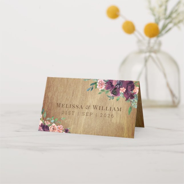 Tarjeta De Asiento Boda floral Rustic Wood Burgundy Rubor (Reverso)