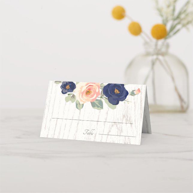 Tarjeta De Asiento Boda floral Rústico y azul de la marina (Anverso)