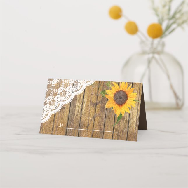 Tarjeta De Asiento Boda floral Sunflower Lace Wood (Anverso)
