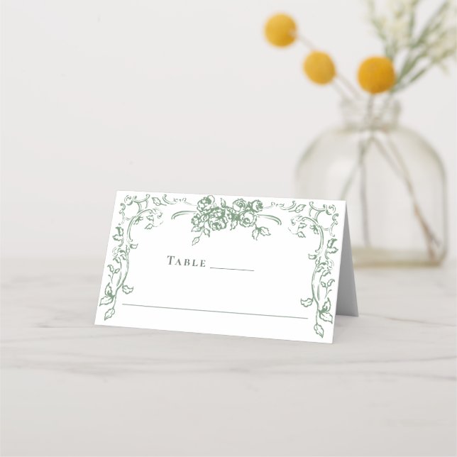 Tarjeta De Asiento Boda floral verde de origen renacentista (Anverso)