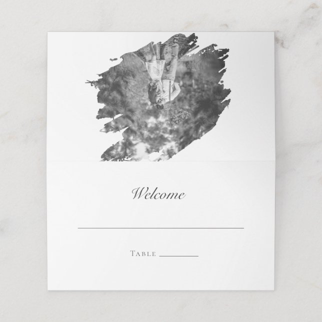Tarjeta De Asiento Boda fotográfico de pincel moderno | Blanca (Exterior desplegado)