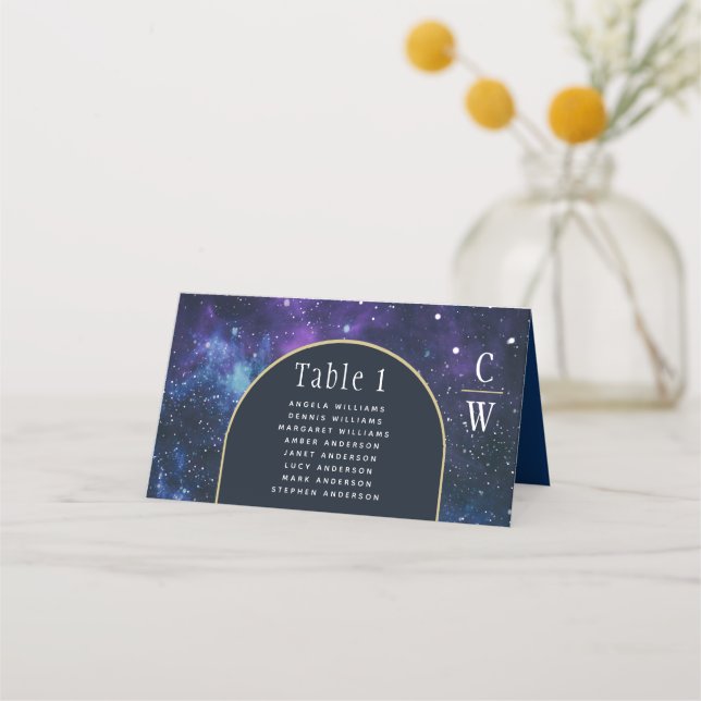 Tarjeta De Asiento Boda Galaxy Starry Night Purple Blue (Anverso)