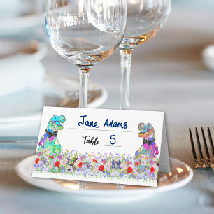 Tarjeta De Asiento Boda Gay con Tema de Dinosaurios Flor Silvestre