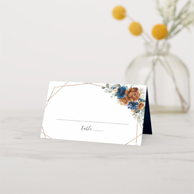 Tarjeta De Asiento Boda geométrico de Terracotta Navy Blue Greenery (Anverso)