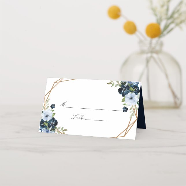 Tarjeta De Asiento boda geométrico floral azul marino (Anverso)