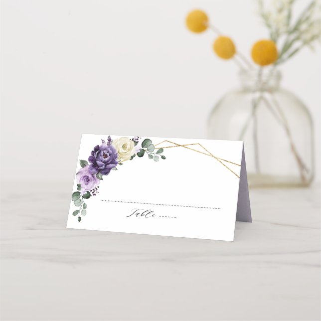 Tarjeta De Asiento Boda Geométrico Floral Purple Plum Ivory Gold (Anverso)