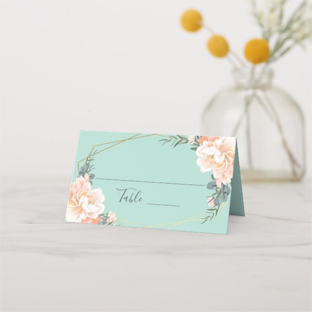 Tarjeta De Asiento Boda Geométrico Mint Green Peach Floral Gold