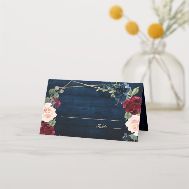 Tarjeta De Asiento Boda Geométrico Navy Blue Rubor Burgundy Gold Pl (Reverso)