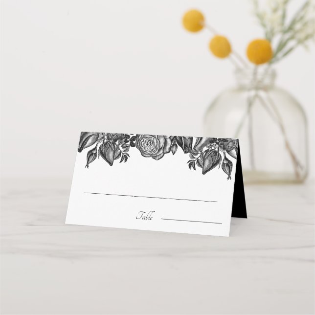 Tarjeta De Asiento Boda gótico de rosas negras y blancas (Anverso)