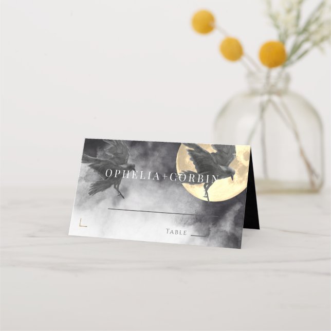 Tarjeta De Asiento Boda gótico Raven & Golden Moon (Anverso)