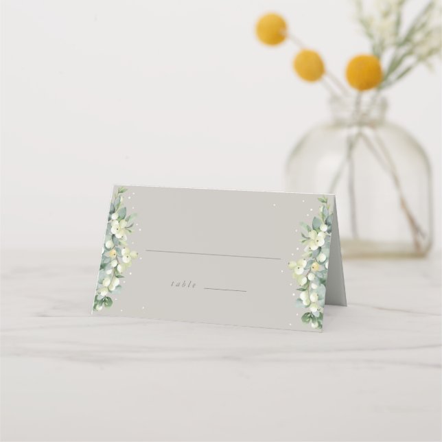 Tarjeta De Asiento Boda Greige Snowberry+Eucalyptus doblado (Anverso)