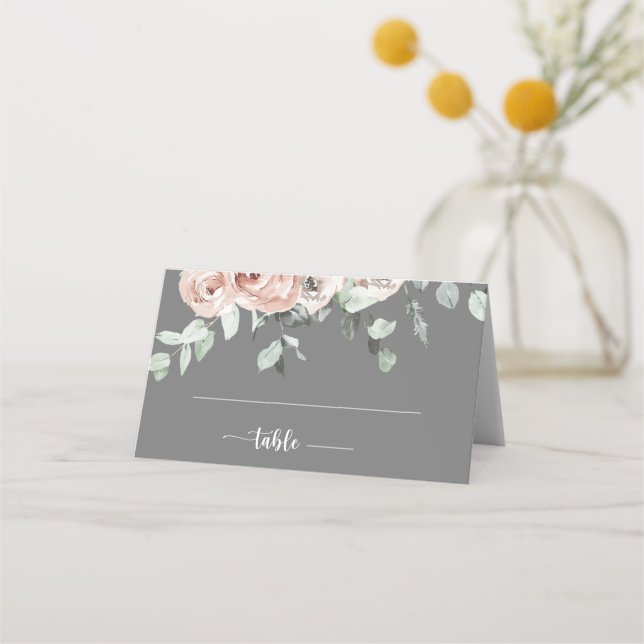 Tarjeta De Asiento Boda gris floral rosa rosa rosado clásico agitado (Anverso)
