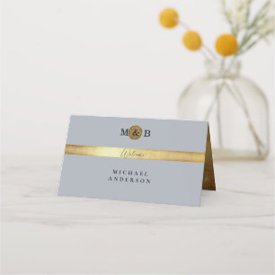 Tarjeta De Asiento Boda II Monograma de oro plateado y metálico Glam