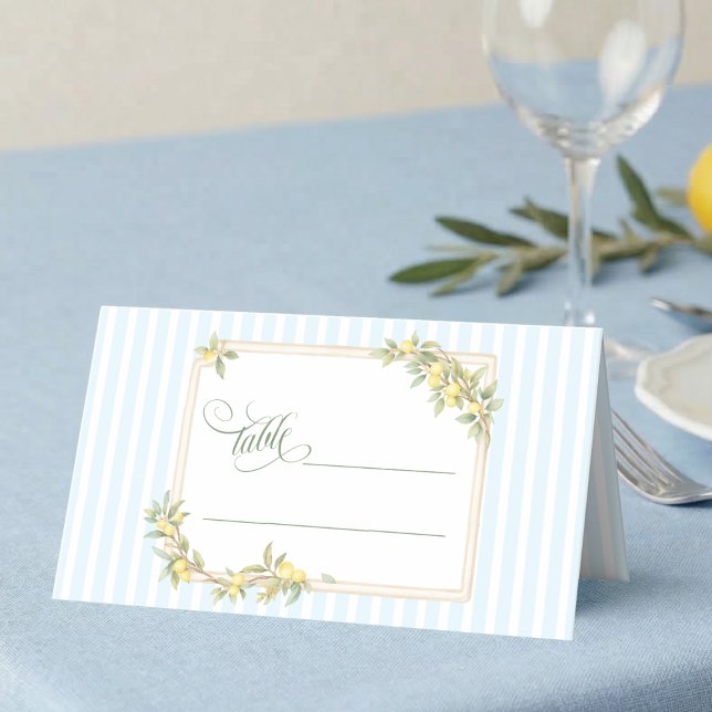 Tarjeta De Asiento Boda Limón Costero (elegant coastal stripe mediterranean lemon wedding table place card with script calligraphy)