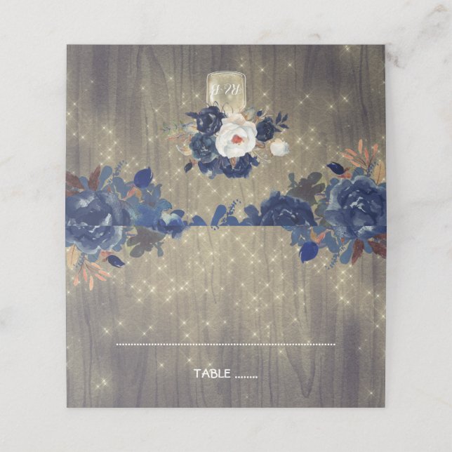 Tarjeta De Asiento Boda Mason Jar de la Marina Flores de Madera Rústi (Exterior desplegado)